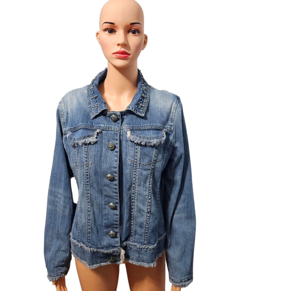 Brandon Thomas Blue Medium Wash Jean Beaded Jacket Sz L